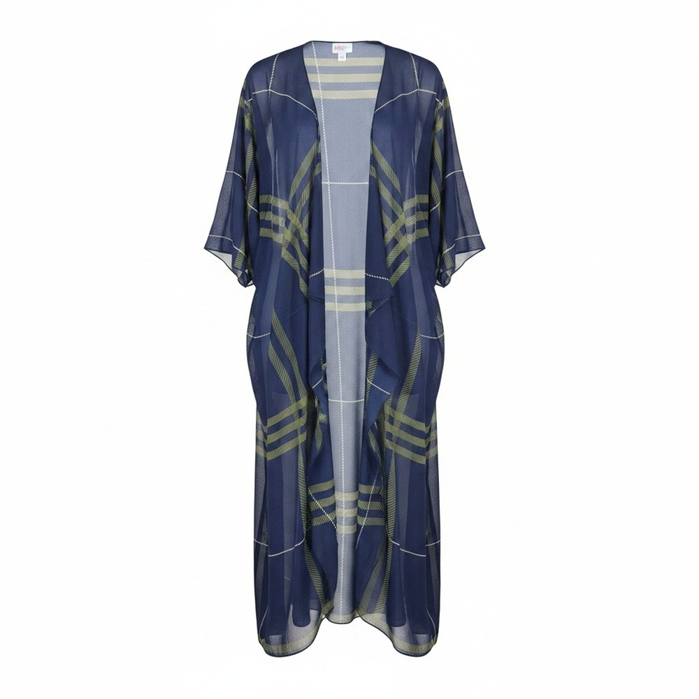 LuLaRoe Shirley Kimono Womens S Blue Green Plaid Sheer Chiffon Duster Cardigan